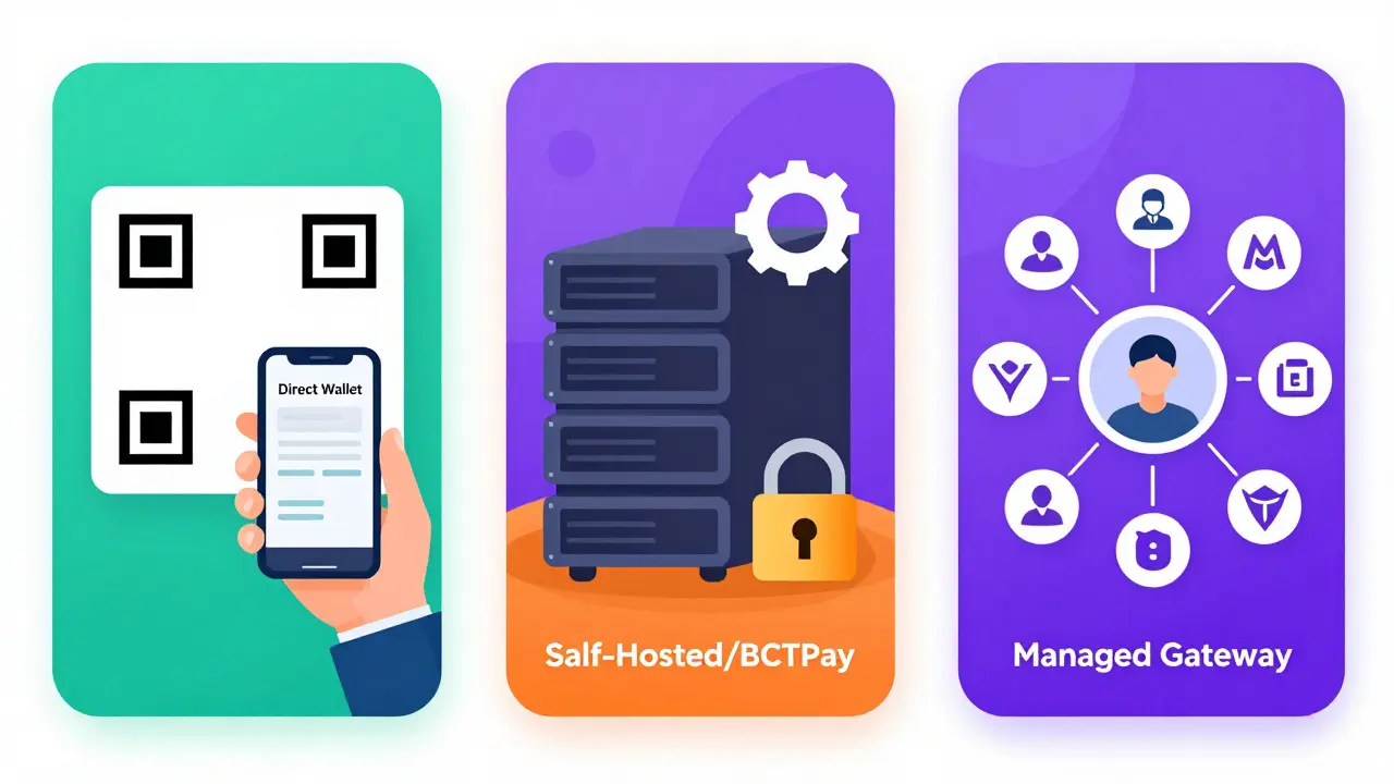 Three vector icons showing crypto payment methods