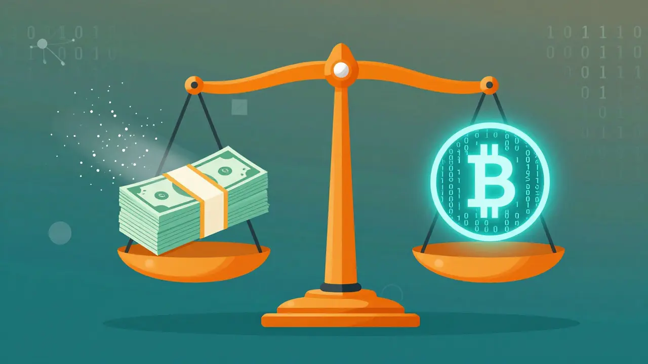 Vector art comparing fading physical cash against heavy digital currency coins.