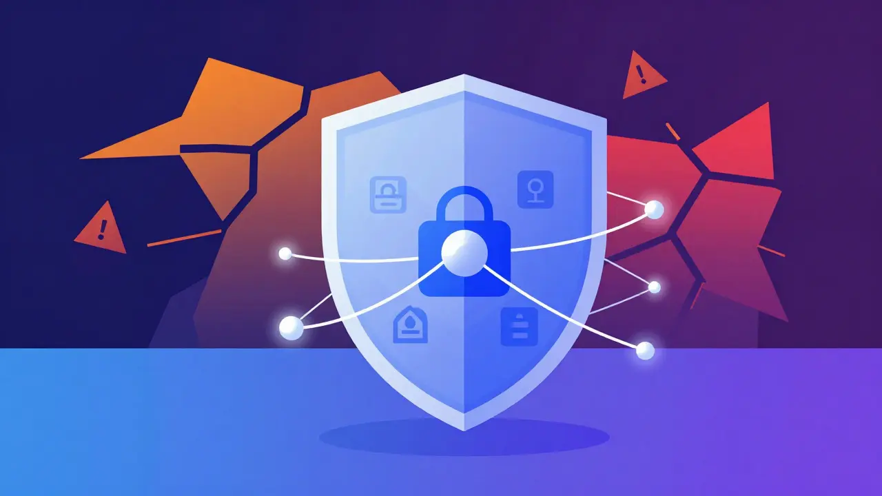 Vector art depicting security shield connected to fragile network nodes