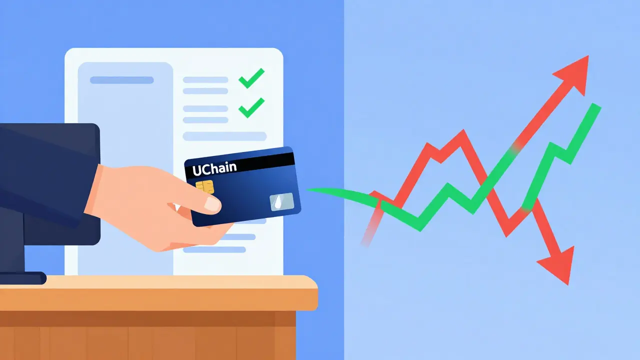 Vector art showing a crypto debit card payment alongside volatile price arrows.