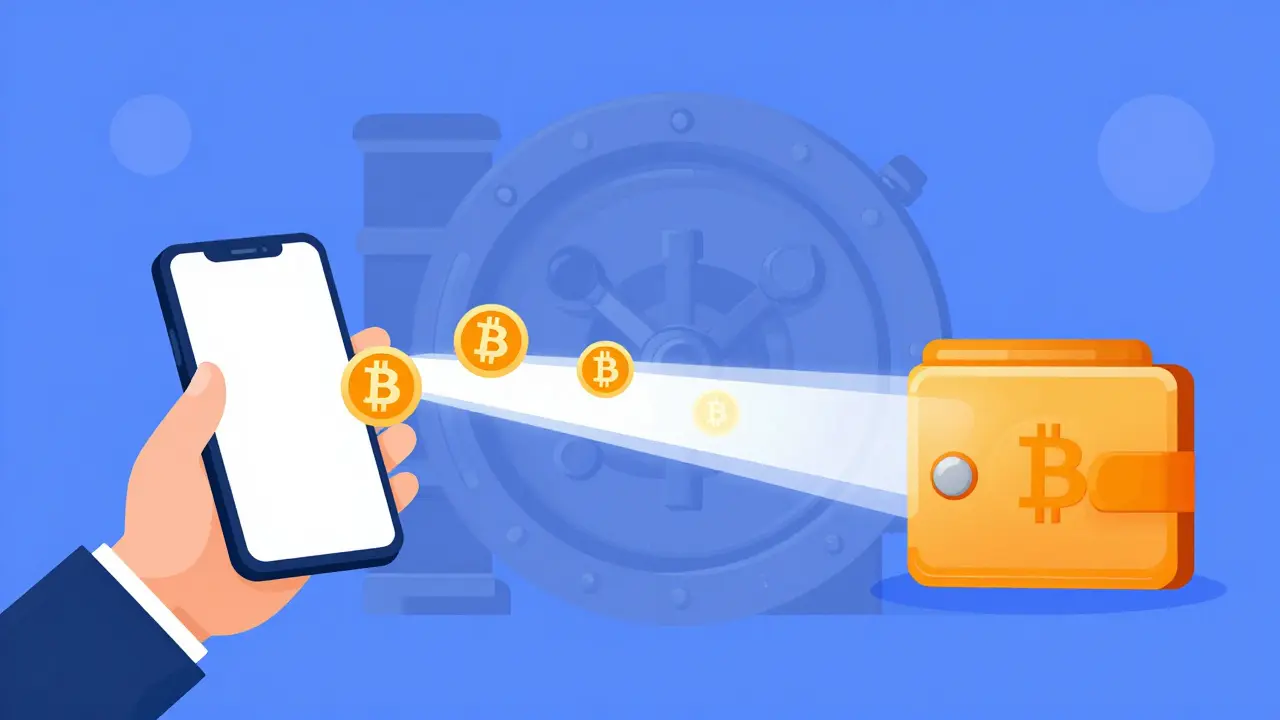 Vector art showing direct peer-to-peer crypto transfer bypassing banks.
