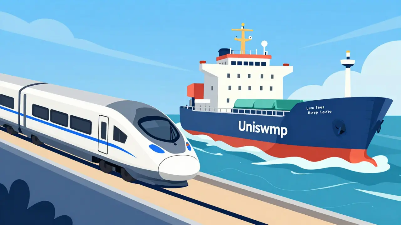 Vector comparison of fast train vs cargo ship for DEX trading styles