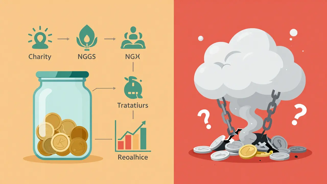 Vector graphic comparing transparent charitable crypto projects with opaque scam tokens.