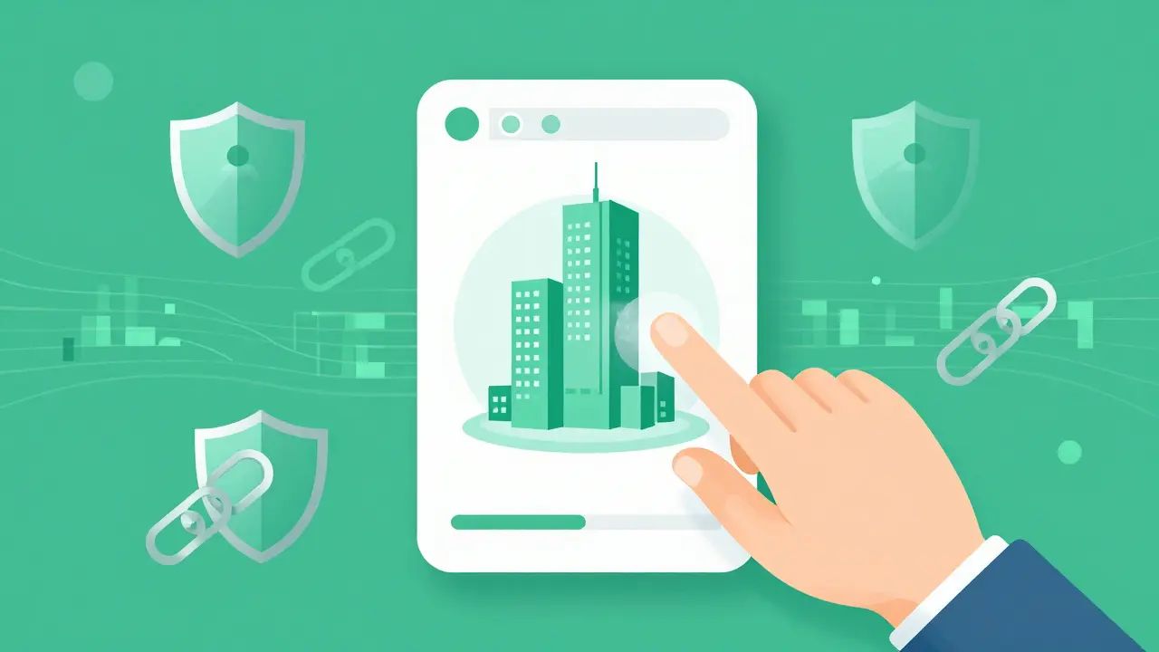 Vector graphic of a secure digital wallet holding a building icon