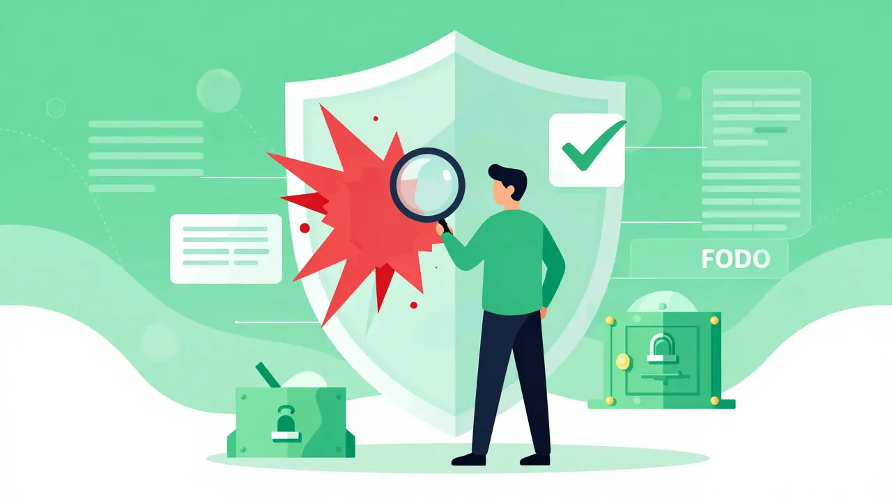 Vector graphic of a user protected by a security shield against crypto scams and fake news.