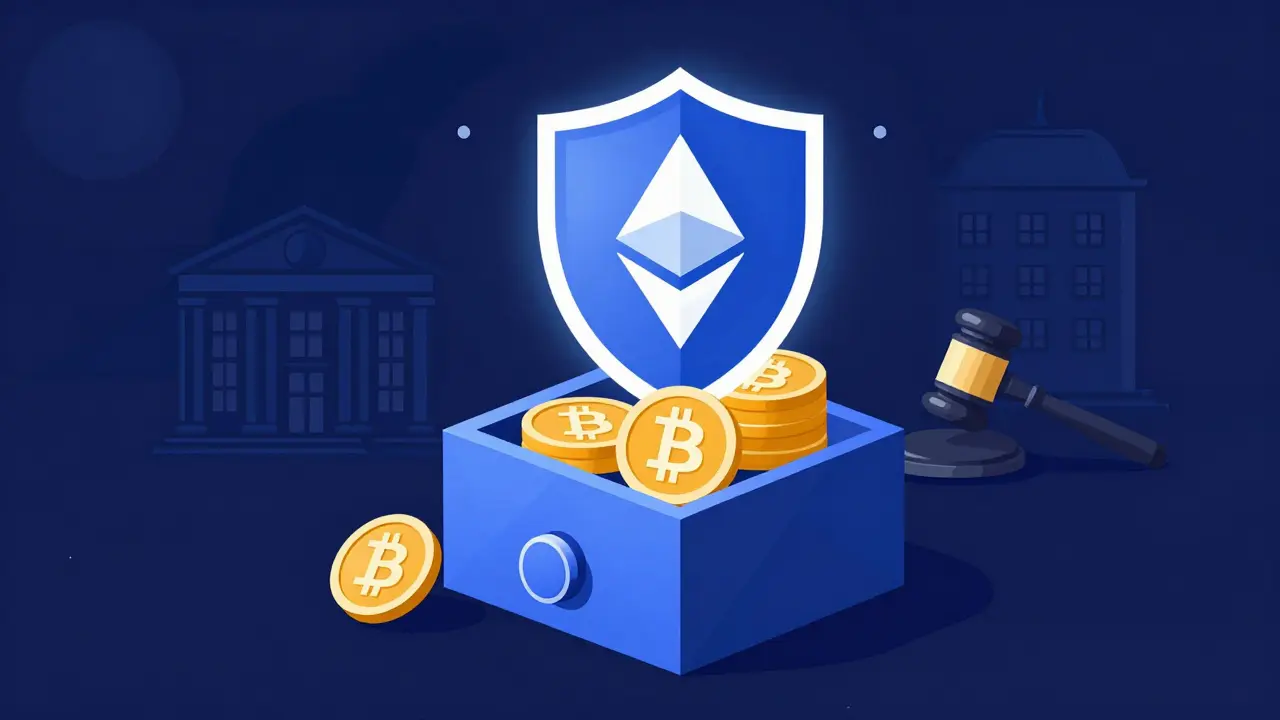 Vector graphic of secure crypto vault protected by regulatory shield