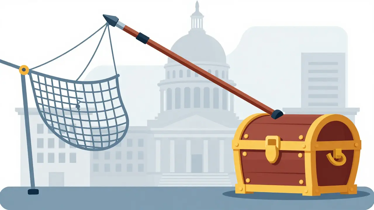 Vector illustration comparing a wide net catching few items versus a harpoon striking a large target