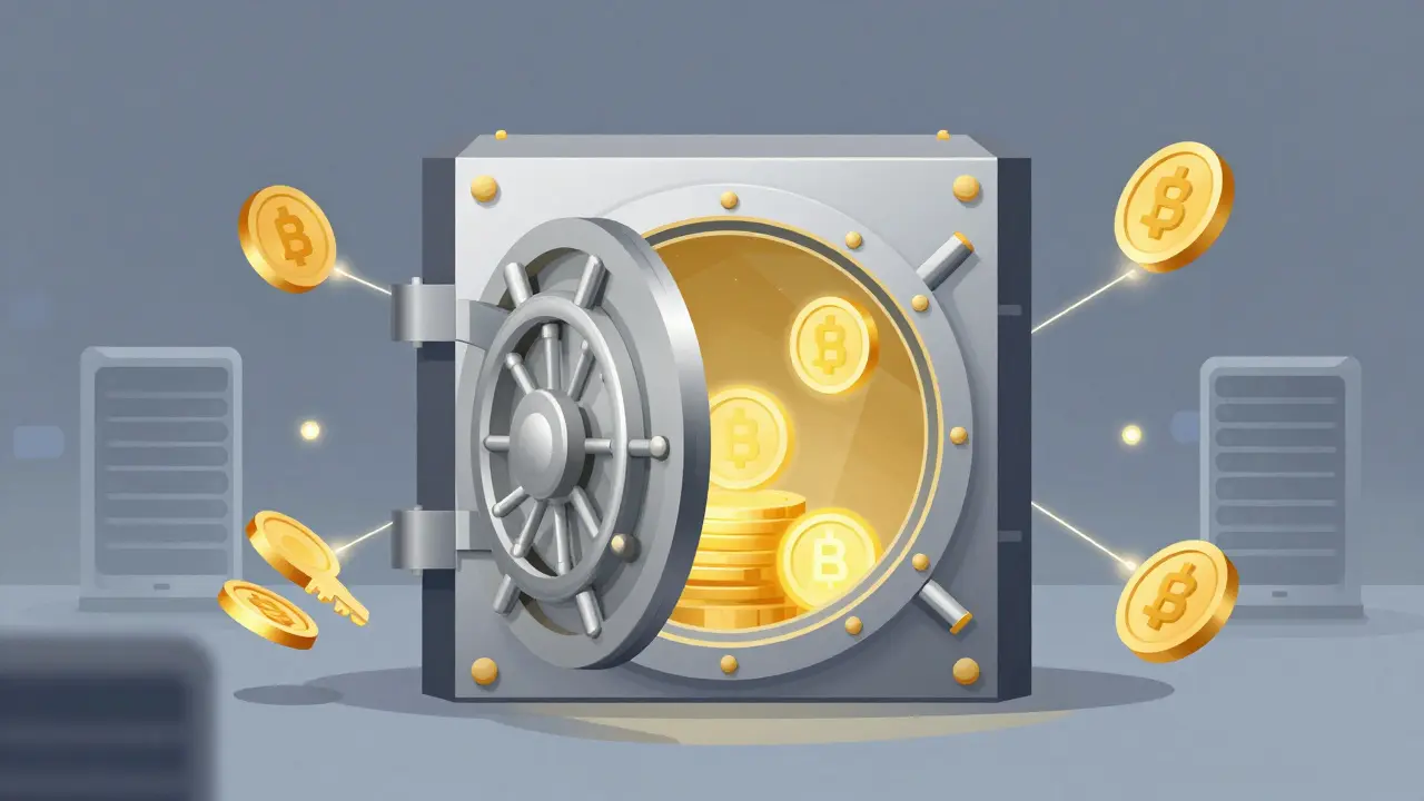 Vector illustration of a secure digital vault with fragmented keys and floating tokens