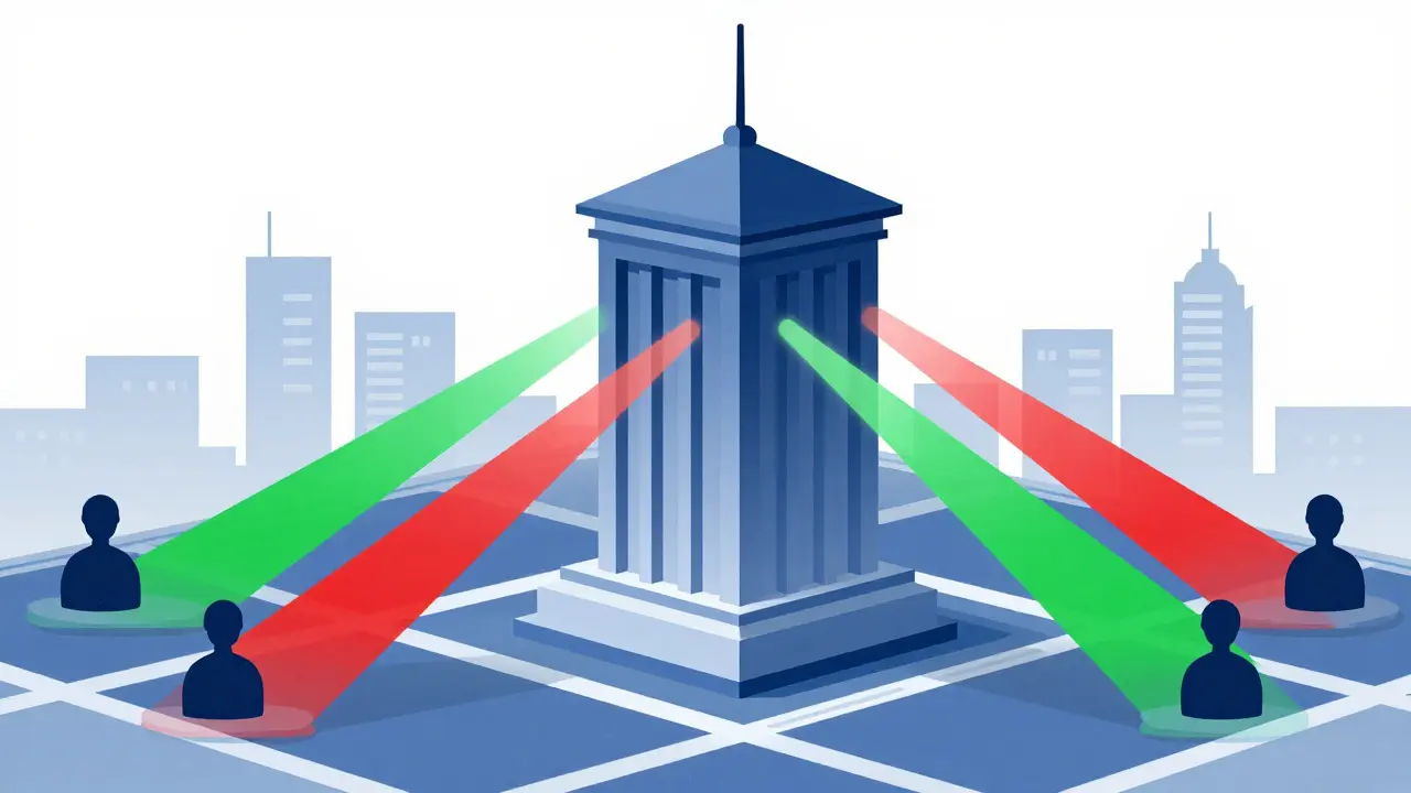 Vector illustration of central bank controlling citizen finances via digital beams.