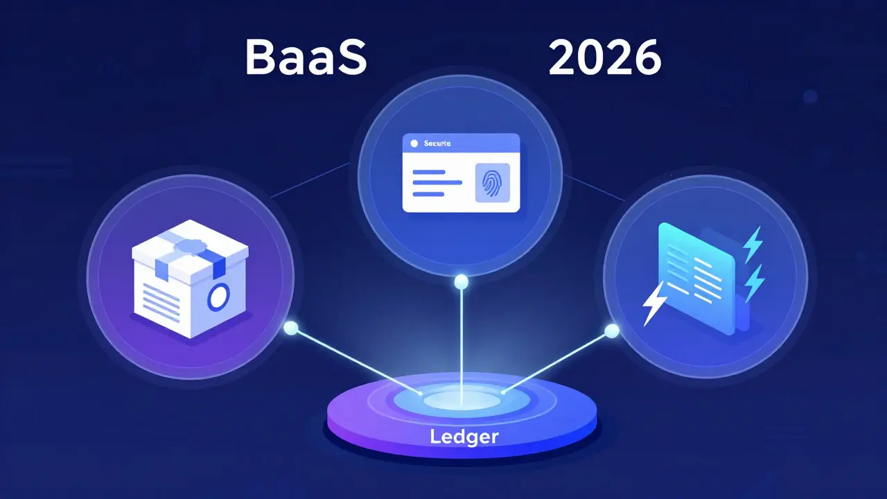Vector illustration of supply chain, identity, and finance modules on a blockchain.