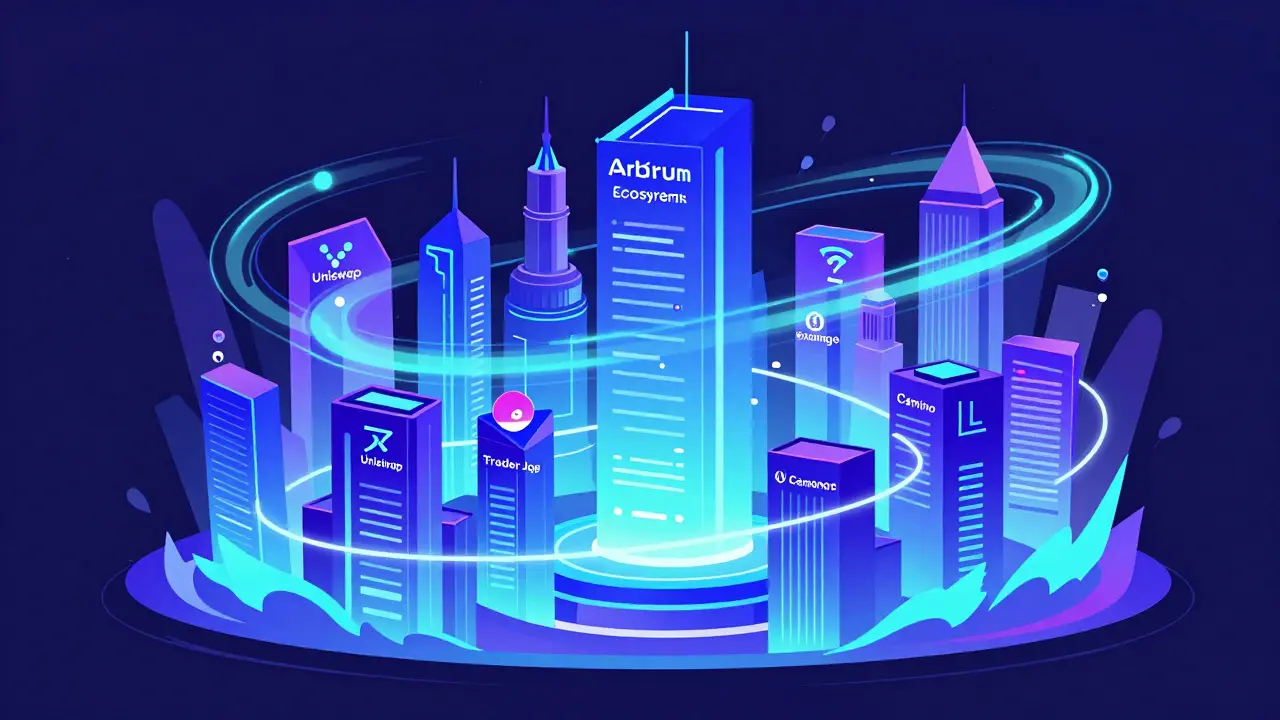 Vibrant vector cityscape of active Arbitrum DEX platforms