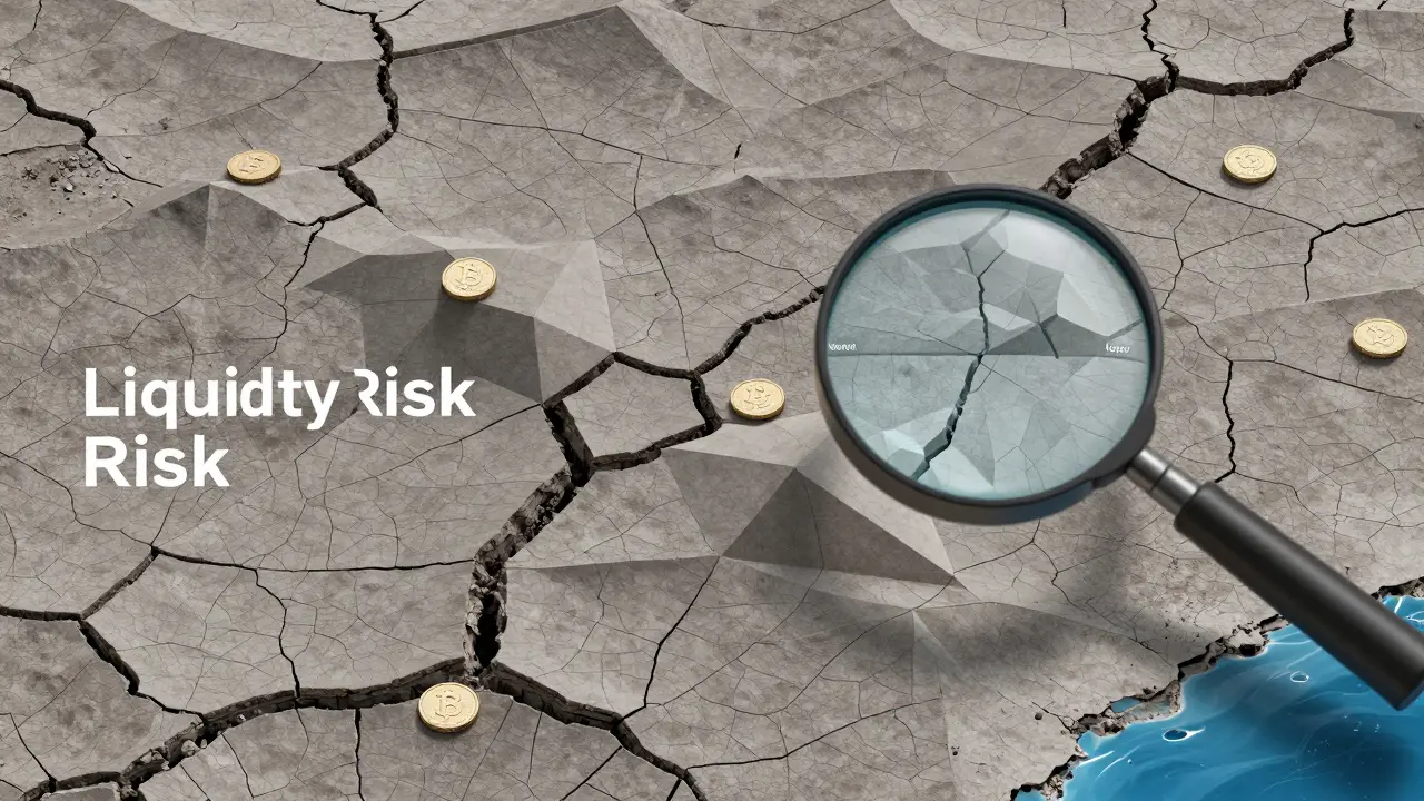 Abstract geometric illustration of dry, cracked ground with isolated coins, representing the liquidity risk and abandonment of Graft (GRFT).