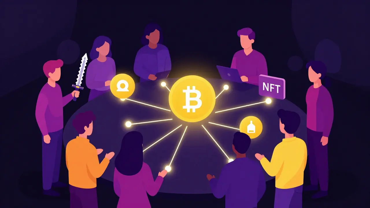 Abstract vector figures connected by neon lines representing crypto community tasks