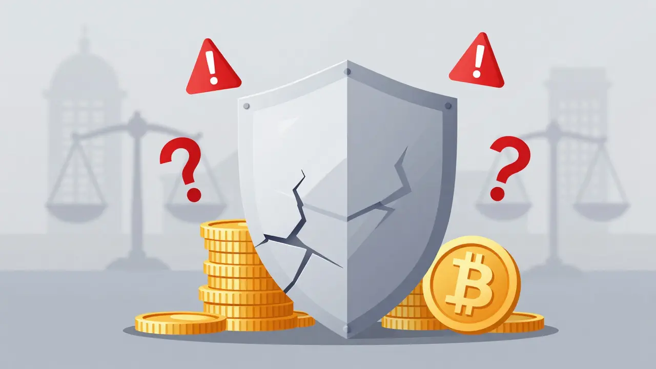 Cracked shield over crypto coins symbolizing security and regulatory risks