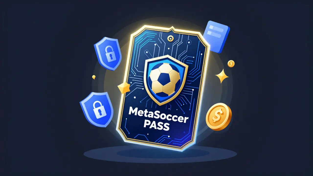 Glowing MetaSoccer Pass NFT card with circuit patterns and icons