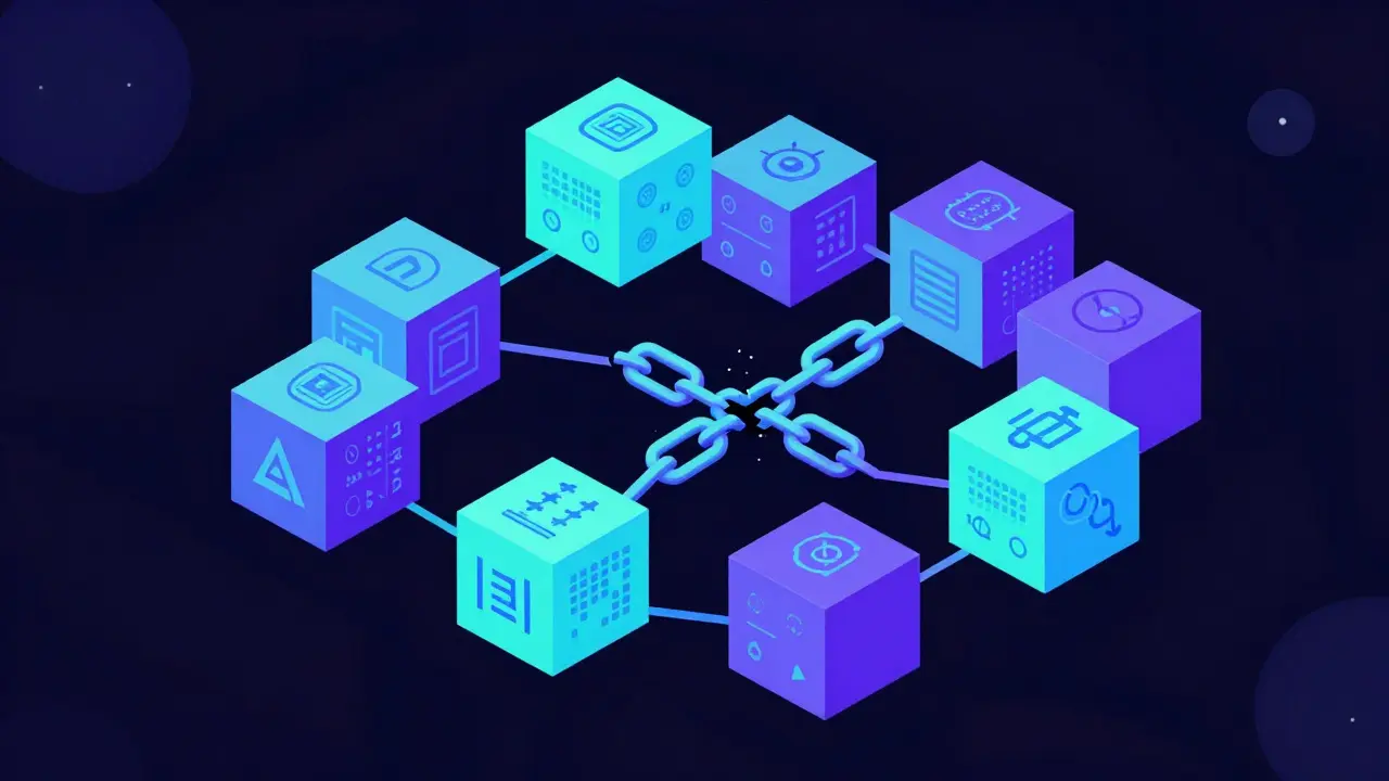 Interconnected blockchain blocks showing security