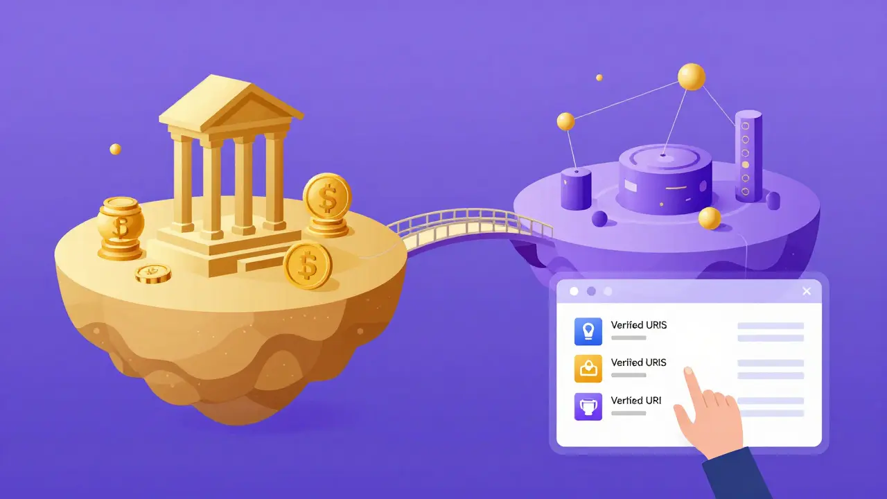 Modern vector art depicting the bridge between traditional finance and decentralized crypto systems.