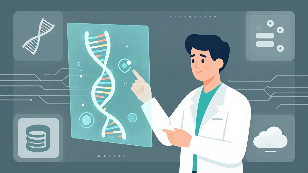 Modern vector illustration of AI processing DNA and health data visually