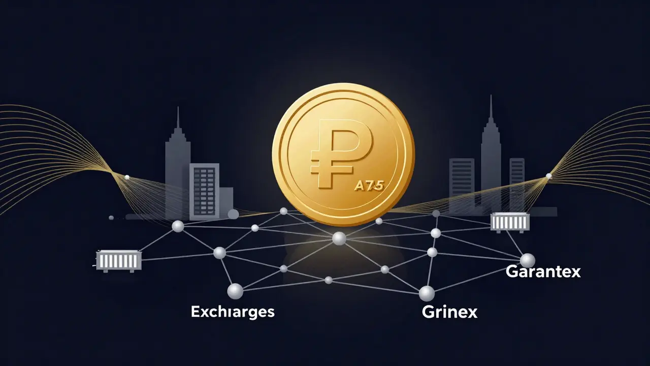 Modern vector illustration of the A7A5 stablecoin linked to sanctioned exchange networks.