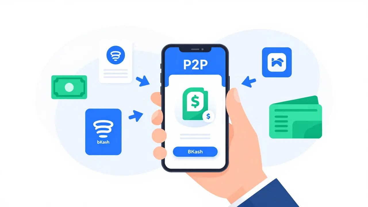 Person using a smartphone for peer-to-peer crypto trading, showing the flow of funds from local mobile banking to digital wallets in a modern vector style.