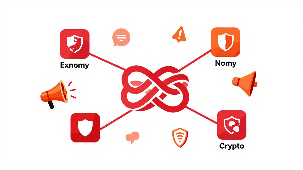 Red web connecting crypto logos with broken shields indicating scams