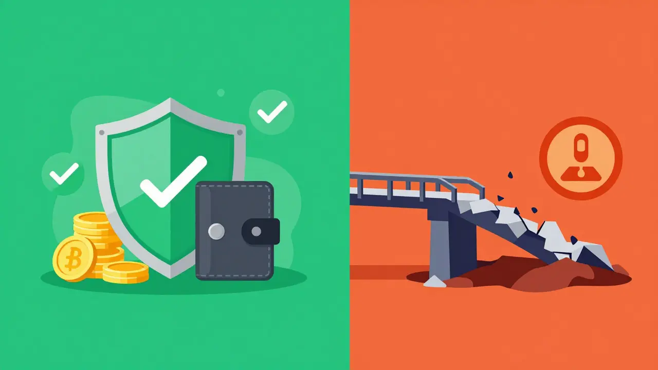 Shield protecting assets versus crumbling bridge representing safe vs risky exchanges