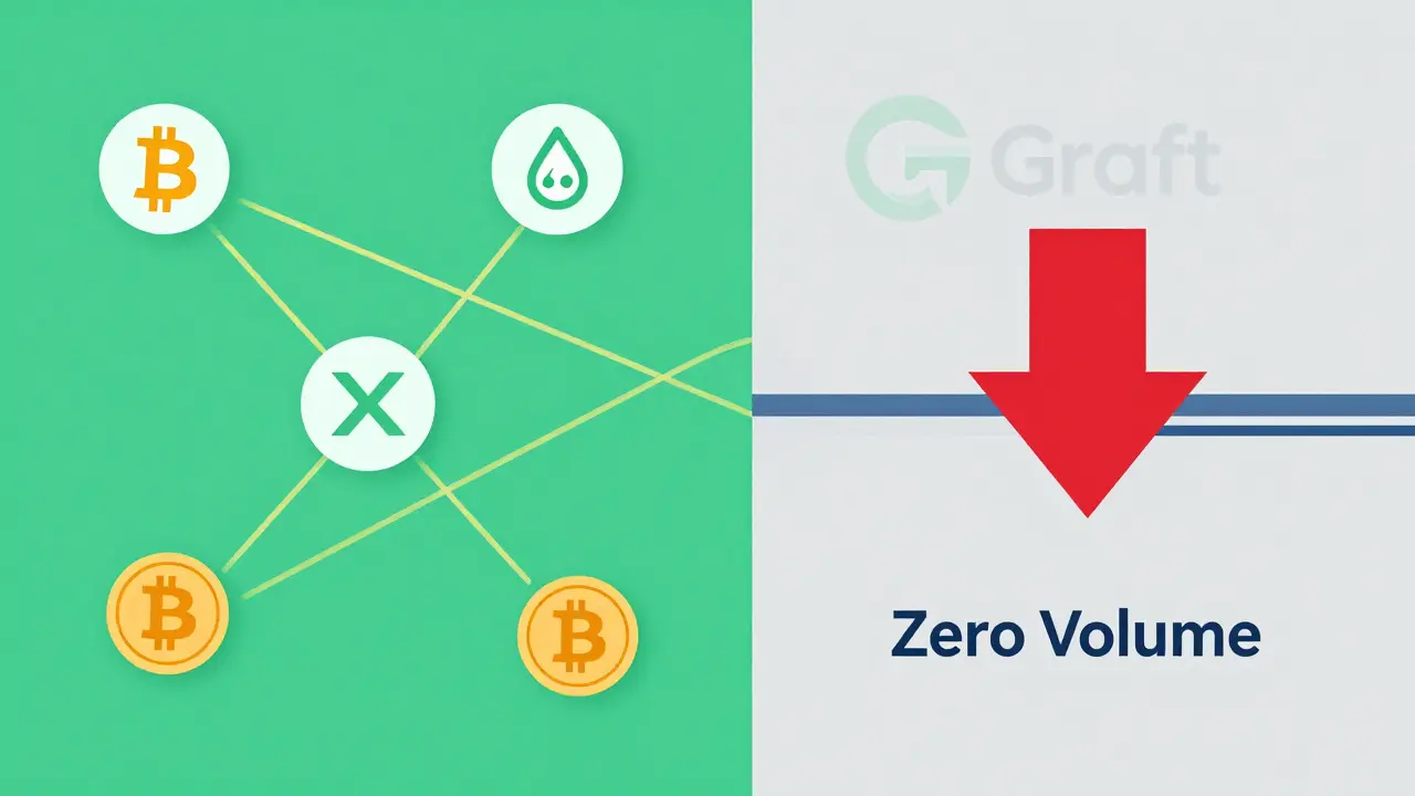 Split vector graphic showing active crypto networks on the left and faded, inactive Graft network on the right with zero volume indicators.