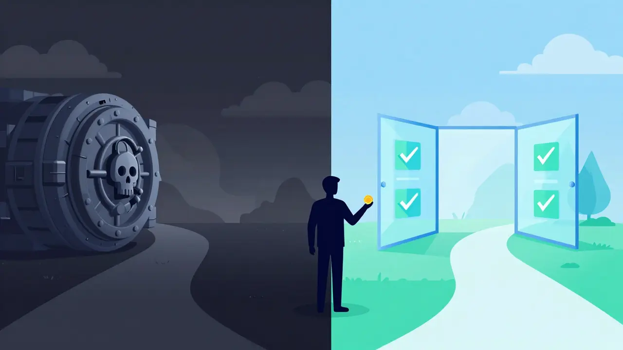 User choosing between dark risky path and bright safe crypto exchange