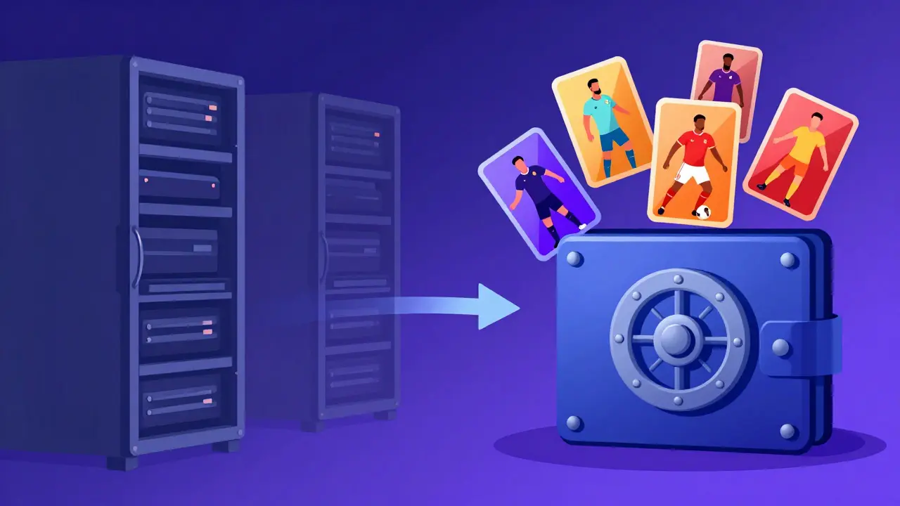 Vector art comparing traditional servers to Web3 wallet asset storage