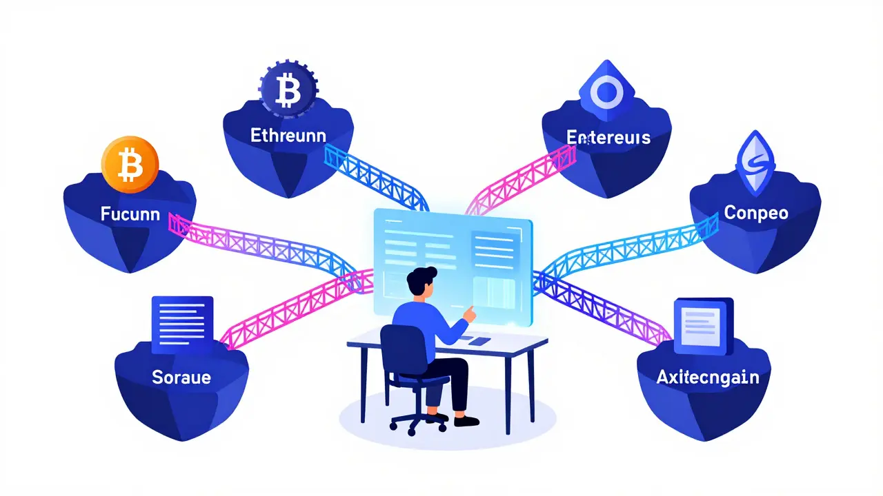 Vector art of blockchain interoperability bridges connecting networks