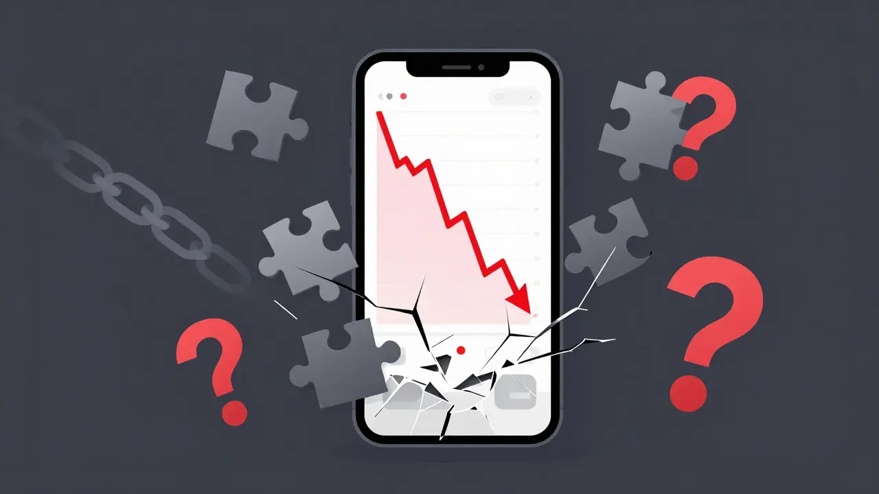 Vector art of broken screens and puzzle pieces showing confusing crypto price data.