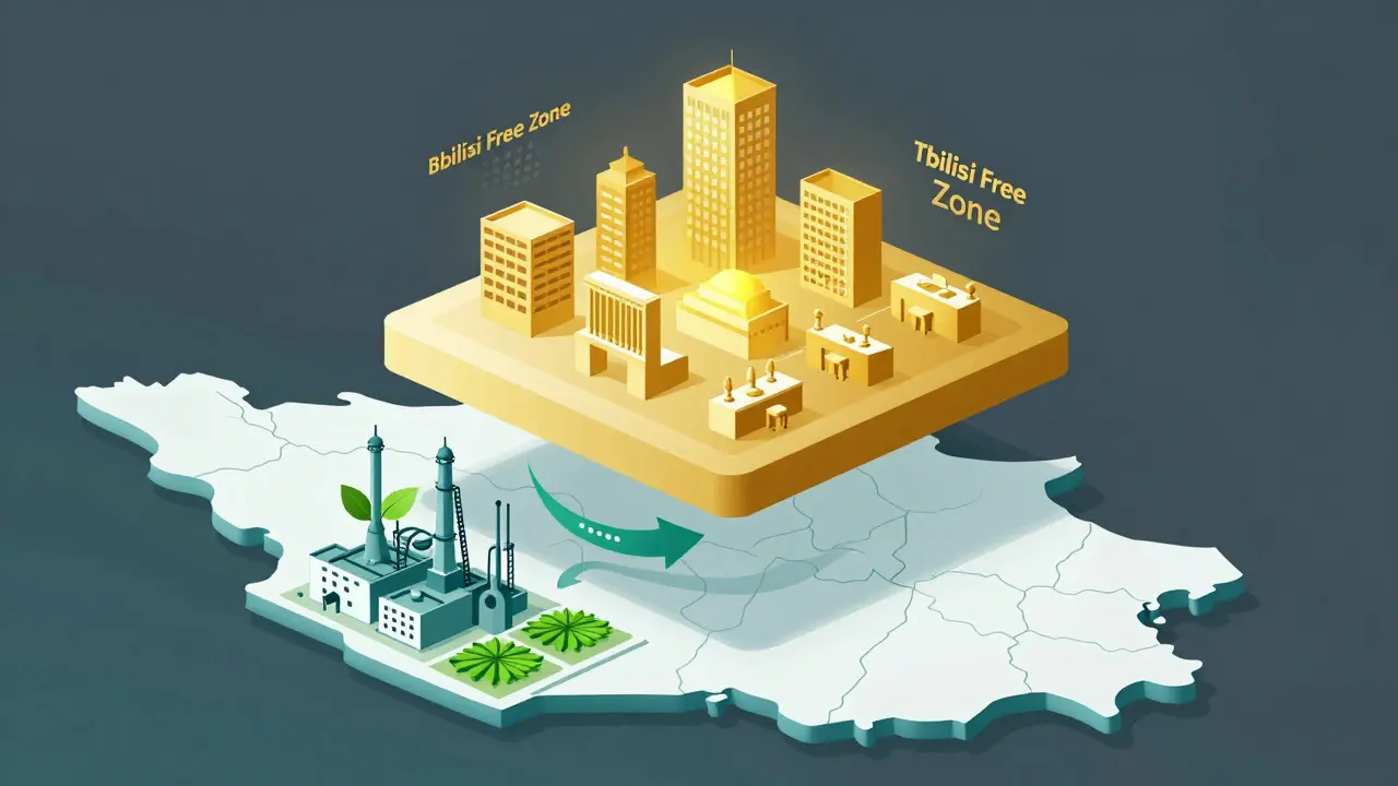 Vector art showing Tbilisi Free Zone benefits vs mainland mining infrastructure