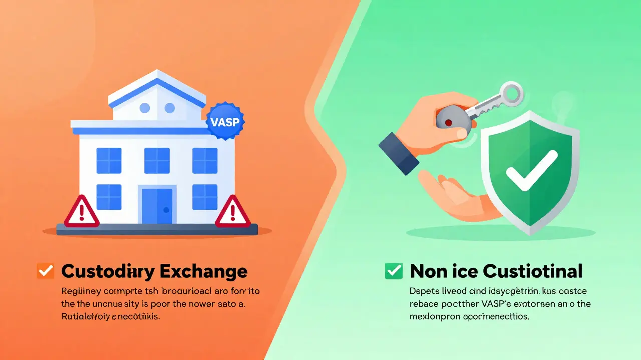 Vector graphic comparing custodial exchanges vs non-custodial wallets