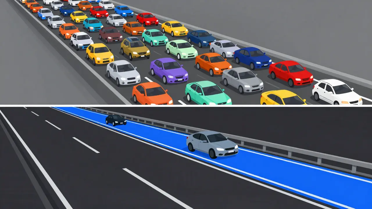 Vector graphic comparing high-volume crypto traffic vs niche efficient staking lane