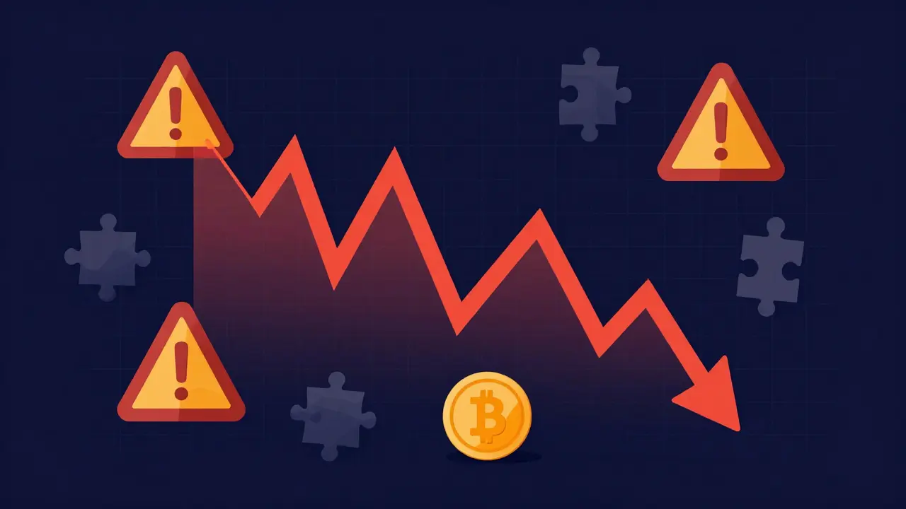Vector graphic showing red volatility chart and risk symbols for crypto