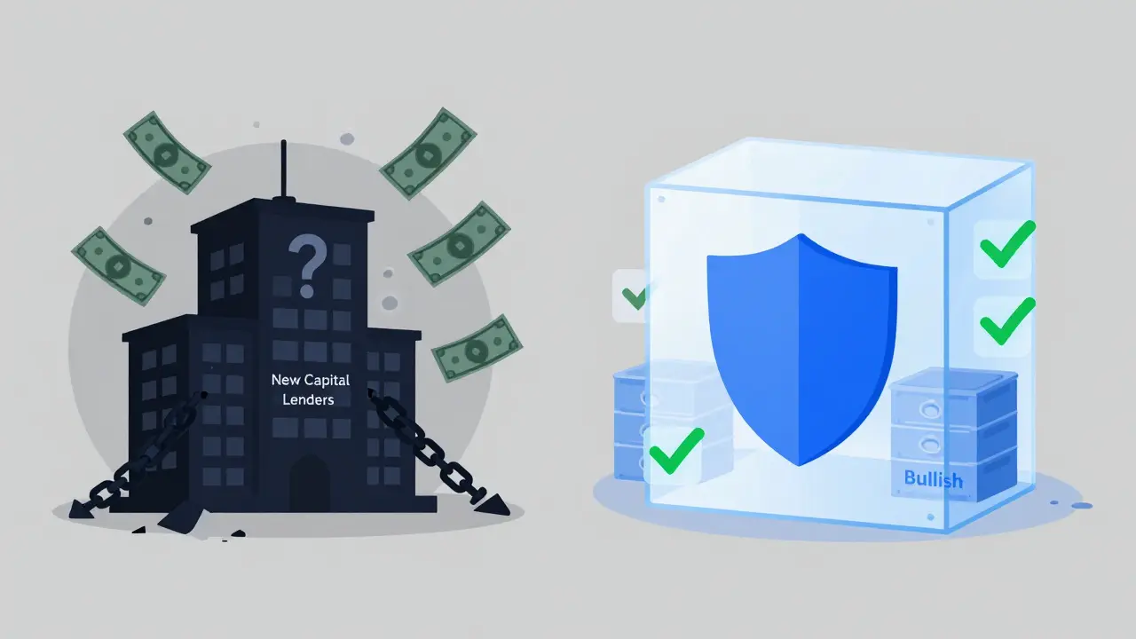 Vector illustration comparing a shady offshore platform to a secure regulated exchange
