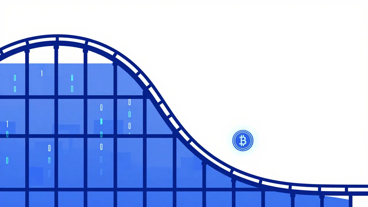 Vector illustration of a coin dropping down a volatile crypto chart