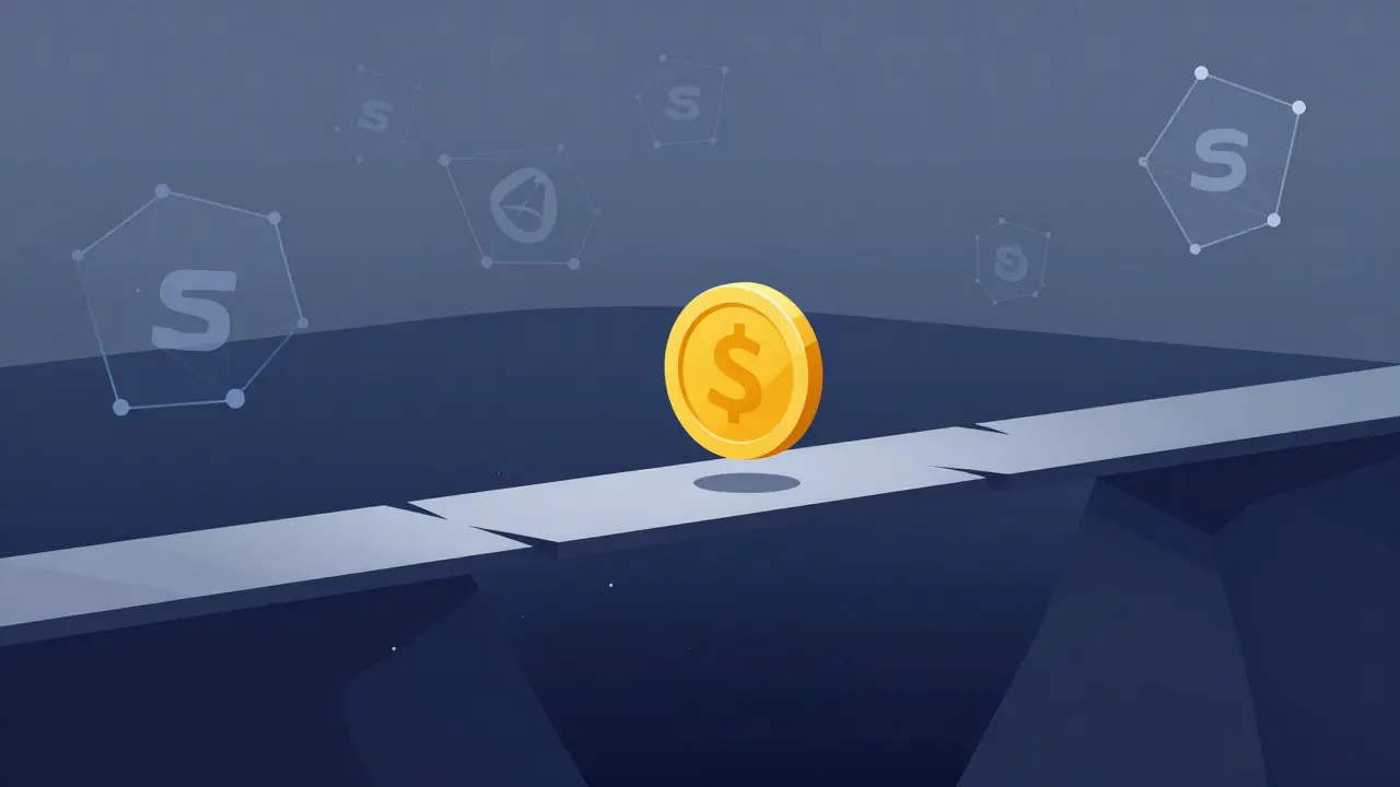 Vector illustration of a coin on a fragile bridge over a digital void