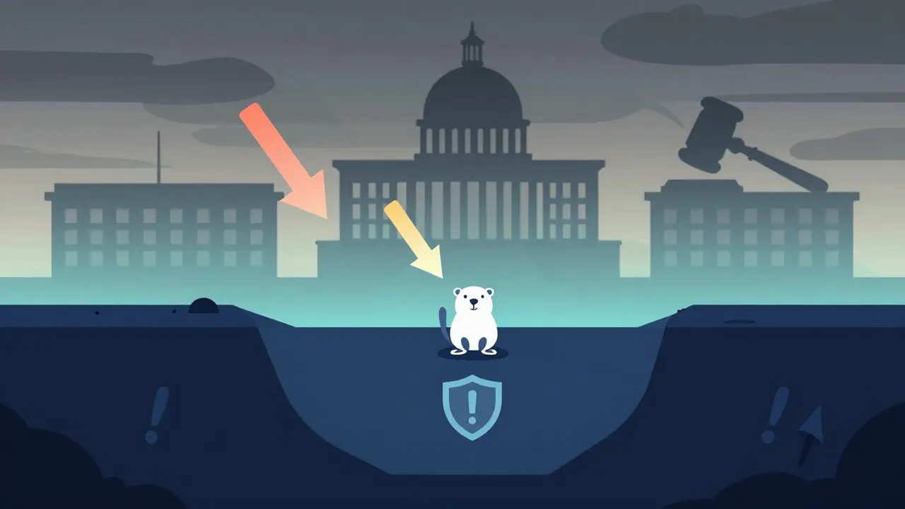 Vector illustration of a falling token in a pit under looming regulatory shadows.