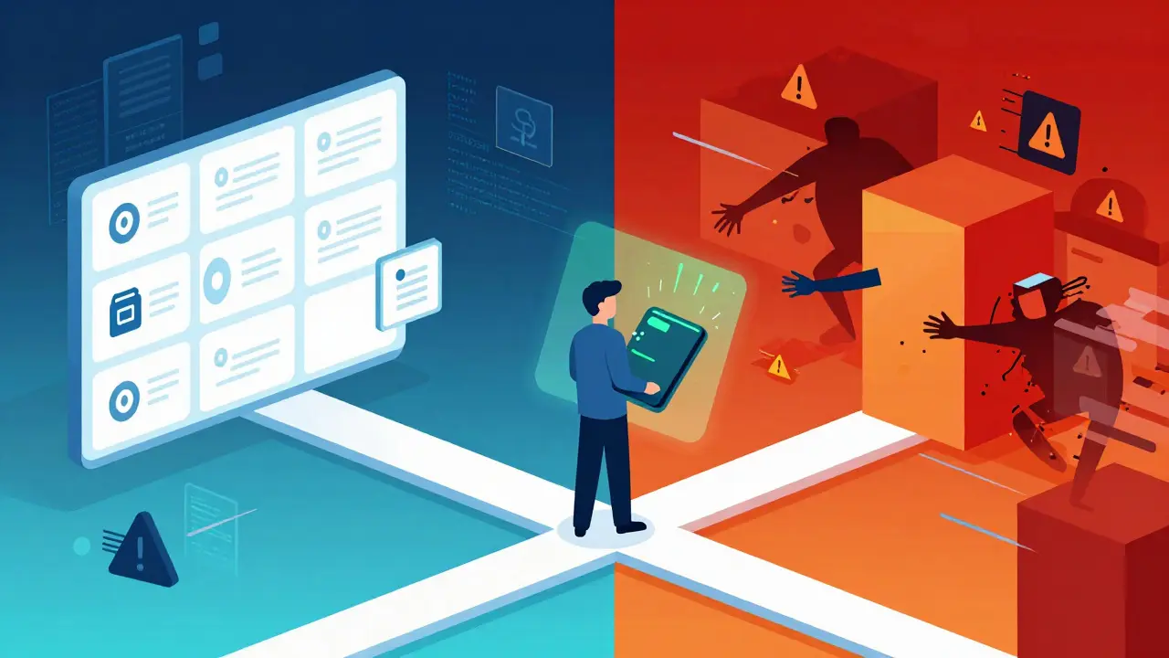 Vector illustration of DeFi risks with a user protected by a hardware wallet against cyber threats.