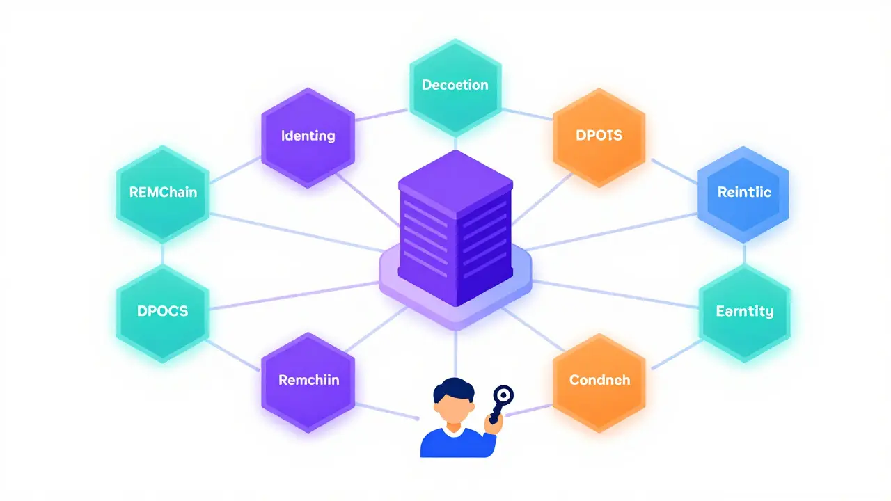 Abstract vector illustration of a decentralized blockchain network structure