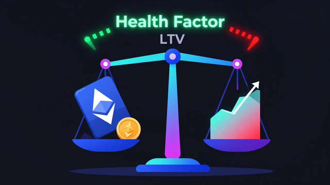 Abstract vector scale showing LTV ratio and health factor gauge