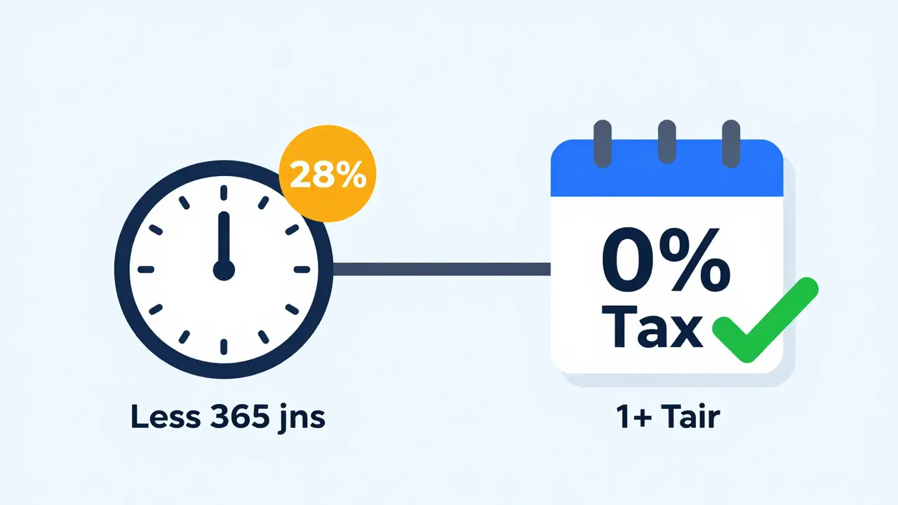 An infographic explaining Portugal's crypto tax distinction: 28% tax for assets held under one year versus 0% tax exemption for assets held over one year.