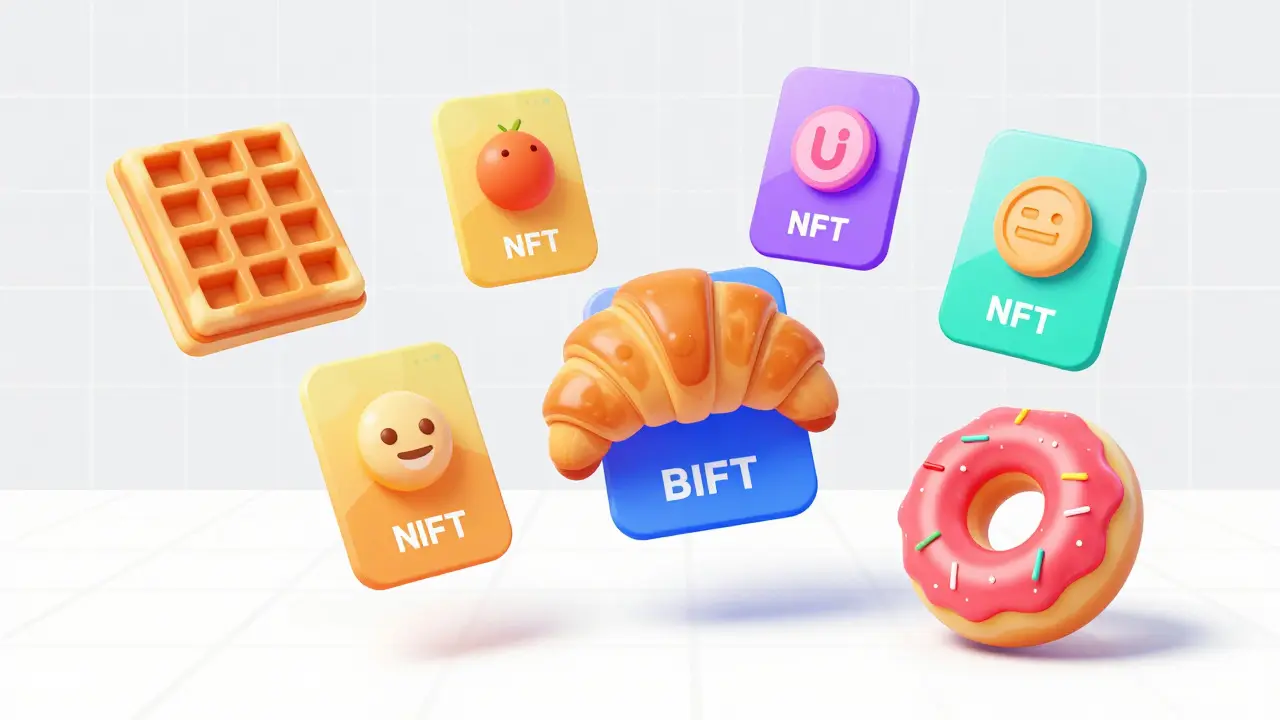Colorful vector art of food-themed NFTs in a digital market