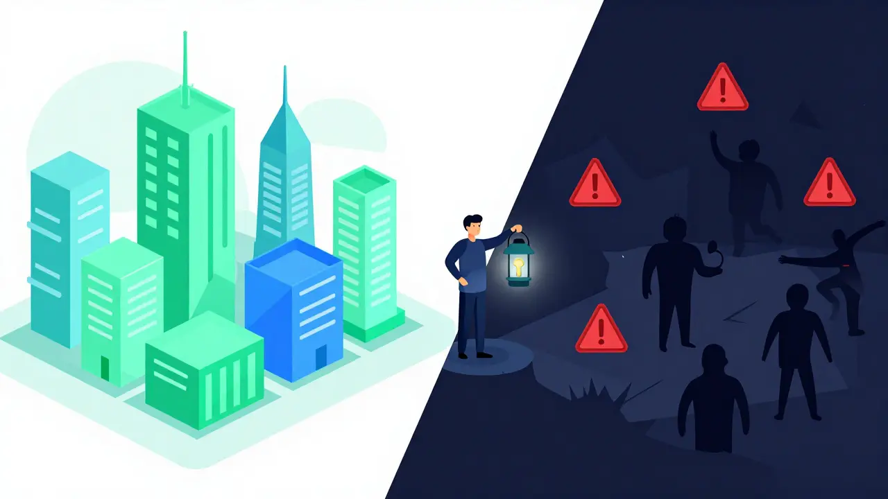 Contrast between safe green platforms and dark scam voids in vector art