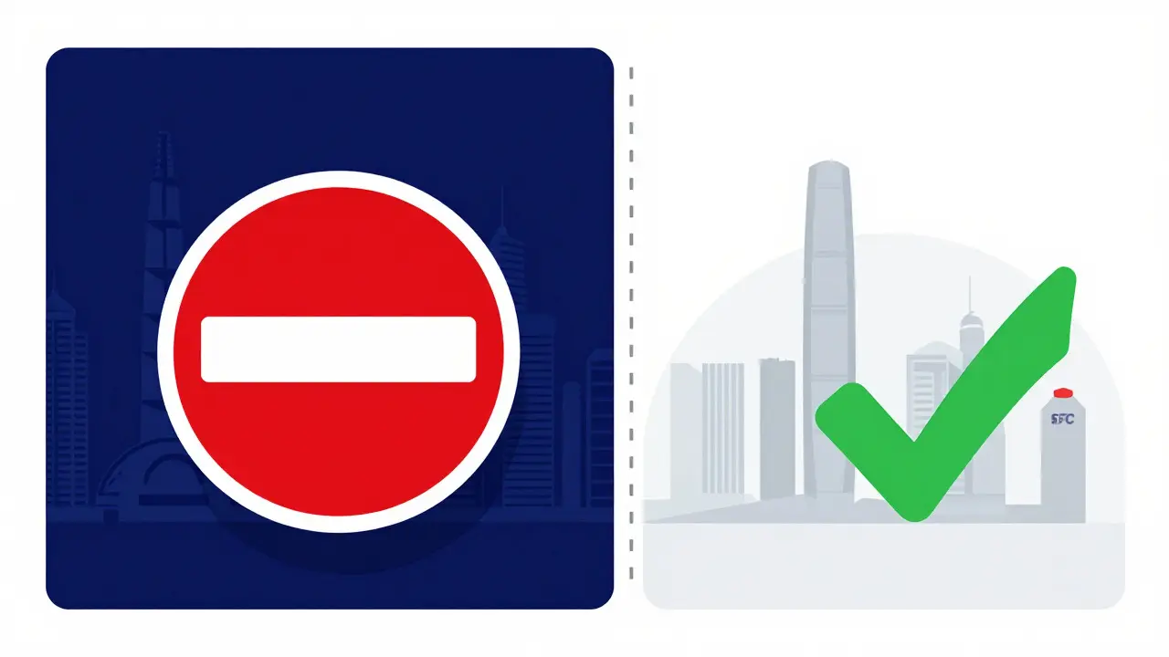Digital vector art comparing the strict crypto ban in Mainland China with the regulated crypto environment in Hong Kong.