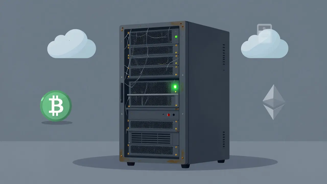 Dusty abandoned mining server representing dead crypto project