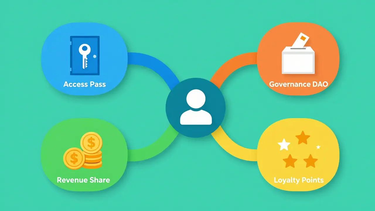 Four colorful paths representing access, governance, revenue share, and loyalty token models.