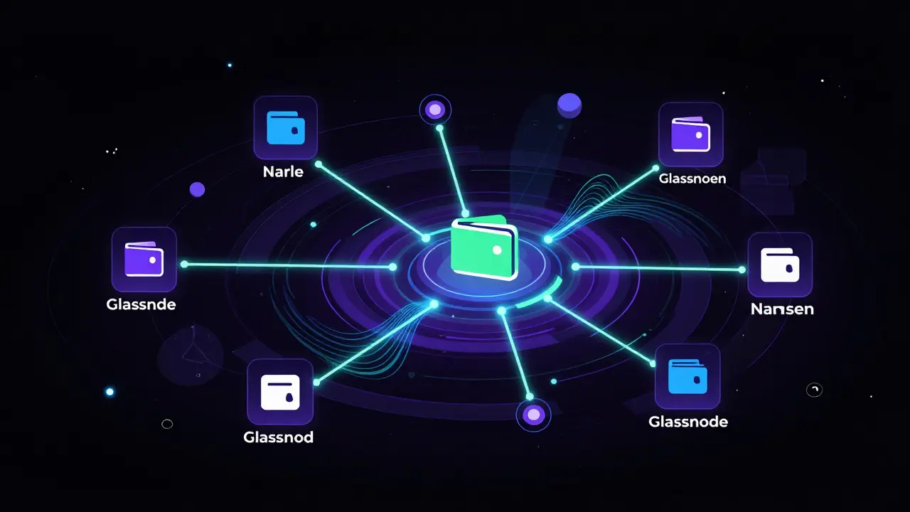 Futuristic vector graphic of blockchain data streams and analytics nodes tracking whale movements.