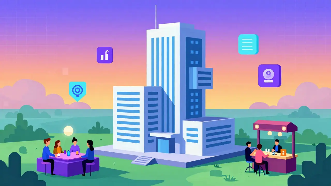 Futuristic virtual headquarters in a colorful metaverse landscape